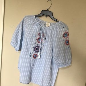 Blue/ White Striped Blouse with Flower Details